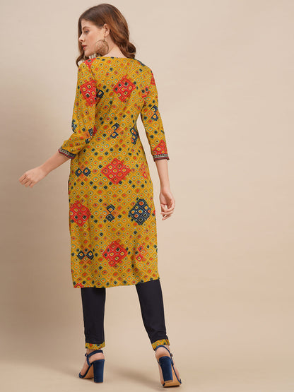 Zari Embroidered & Ethnic Printed Straight Kurta with Pants - Mustard