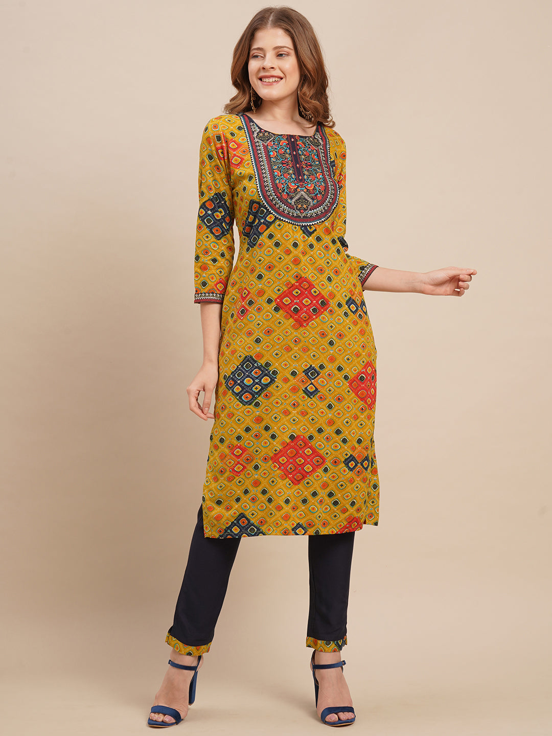 Zari Embroidered & Ethnic Printed Straight Kurta with Pants - Mustard