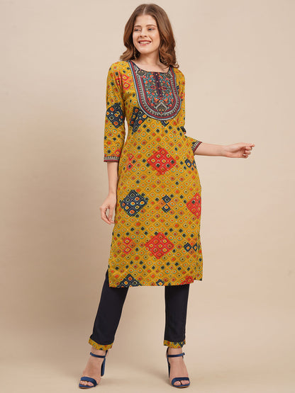 Zari Embroidered & Ethnic Printed Straight Kurta with Pants - Mustard