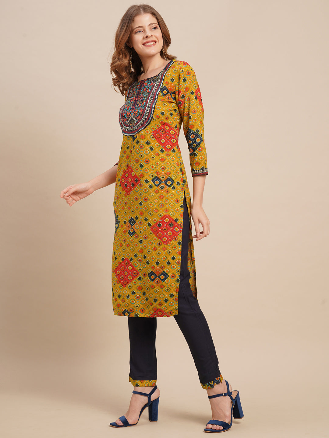 Zari Embroidered & Ethnic Printed Straight Kurta with Pants - Mustard