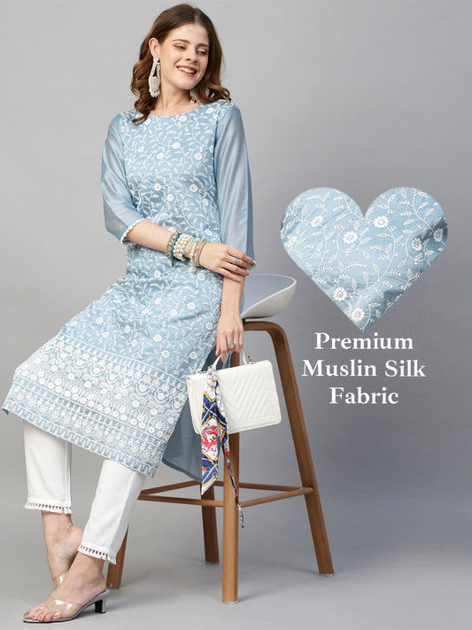 Floral Chikankari Embroidered Straight Fit Kurta & Pants - Powder Blue