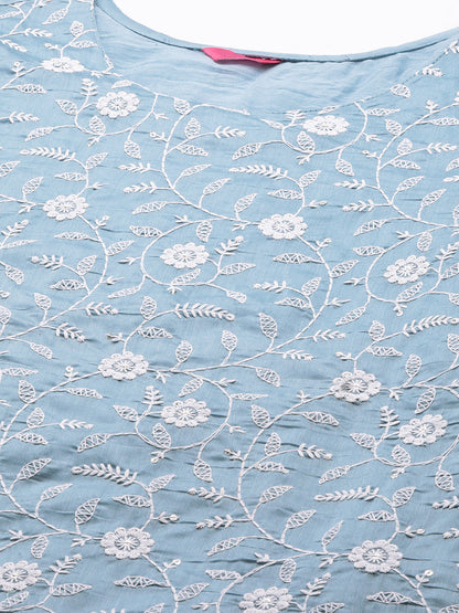 Floral Chikankari Embroidered Straight Fit Kurta & Pants - Powder Blue