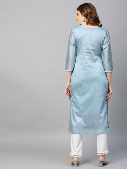 Floral Chikankari Embroidered Straight Fit Kurta & Pants - Powder Blue