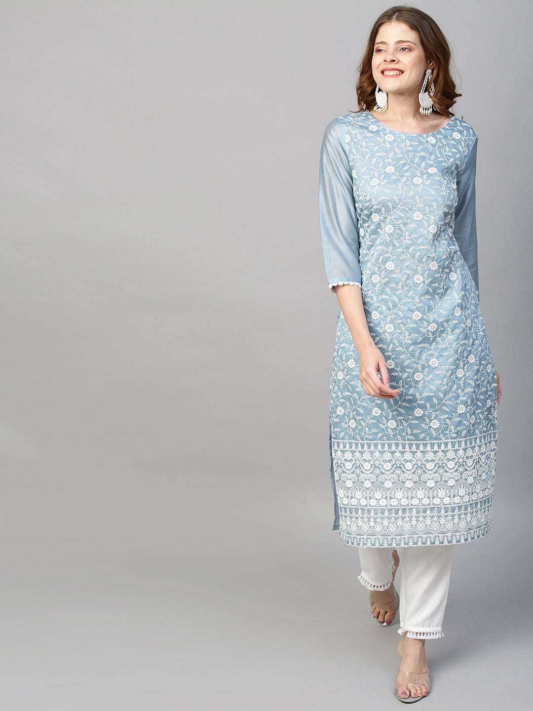 Floral Chikankari Embroidered Straight Fit Kurta & Pants - Powder Blue
