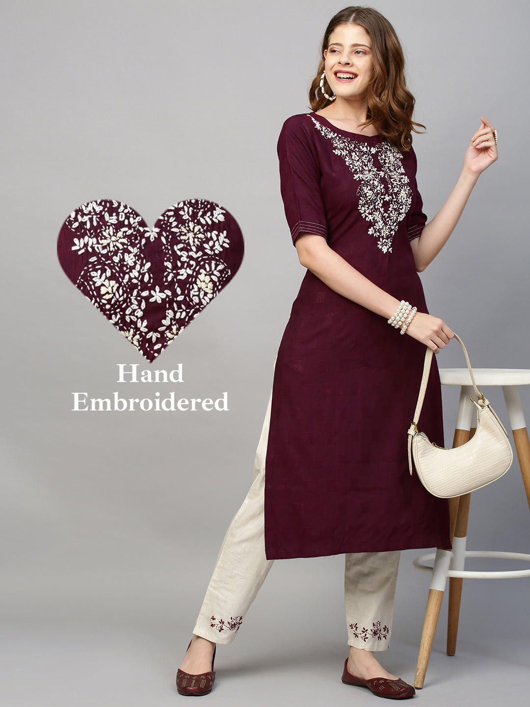 Floral Hand Embroidered Straight Kurta with Pants - Wine
