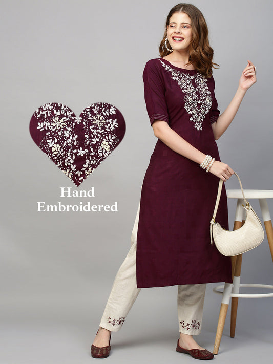 Floral Hand Embroidered Straight Kurta with Pants - Wine