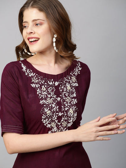 Floral Hand Embroidered Straight Kurta with Pants - Wine