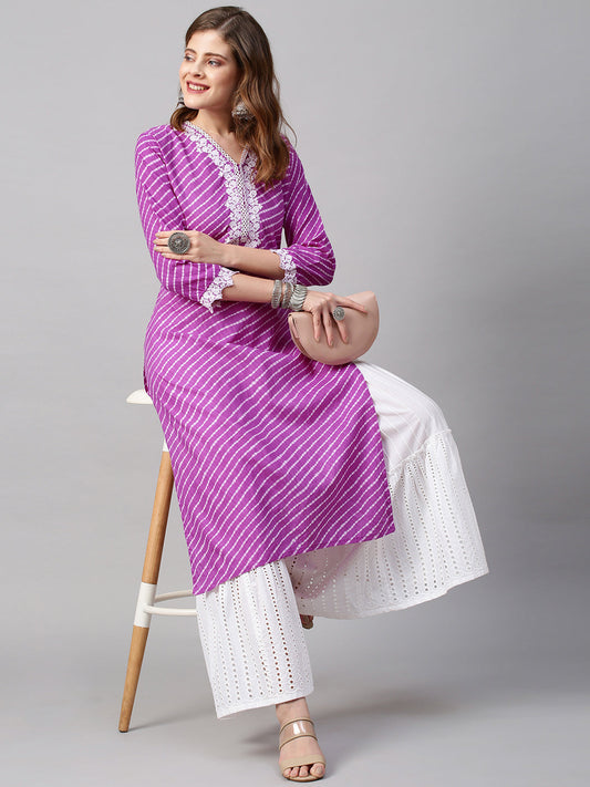Leheriya Printed & Floral Embroidered Straight Fit Kurta - Purple