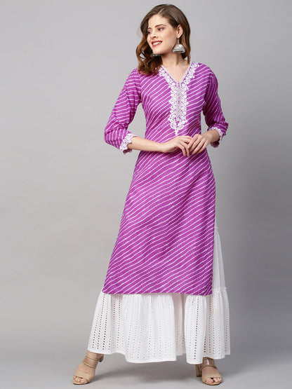 Leheriya Printed & Floral Embroidered Straight Fit Kurta - Purple