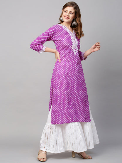 Leheriya Printed & Floral Embroidered Straight Fit Kurta - Purple