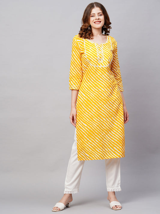 Leheriya Printed & Ethnic Embroidered Straight Fit Kurta - Yellow