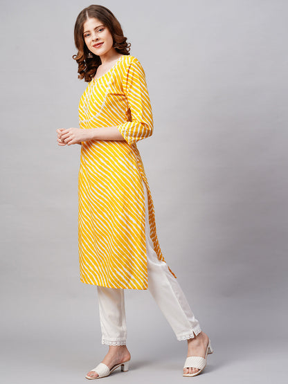 Leheriya Printed & Ethnic Embroidered Straight Fit Kurta - Yellow