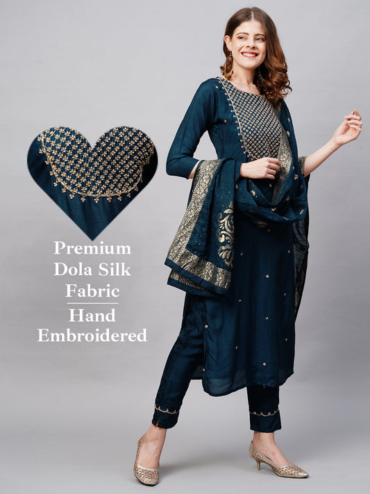 Floral Hand Embroidered Straight Kurta with Pants and Dupatta - Prussian Blue