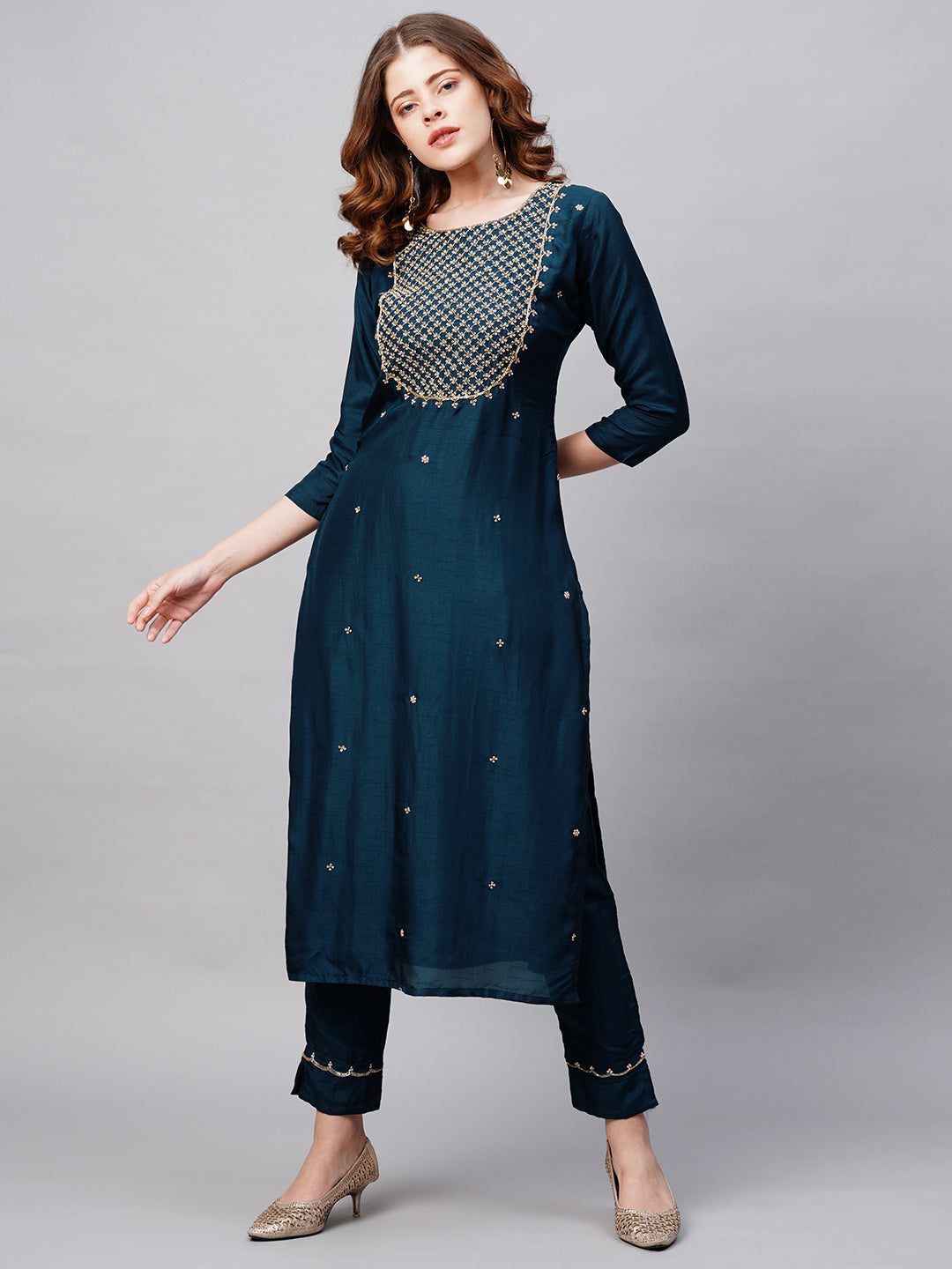 Floral Hand Embroidered Straight Kurta with Pants and Dupatta - Prussian Blue