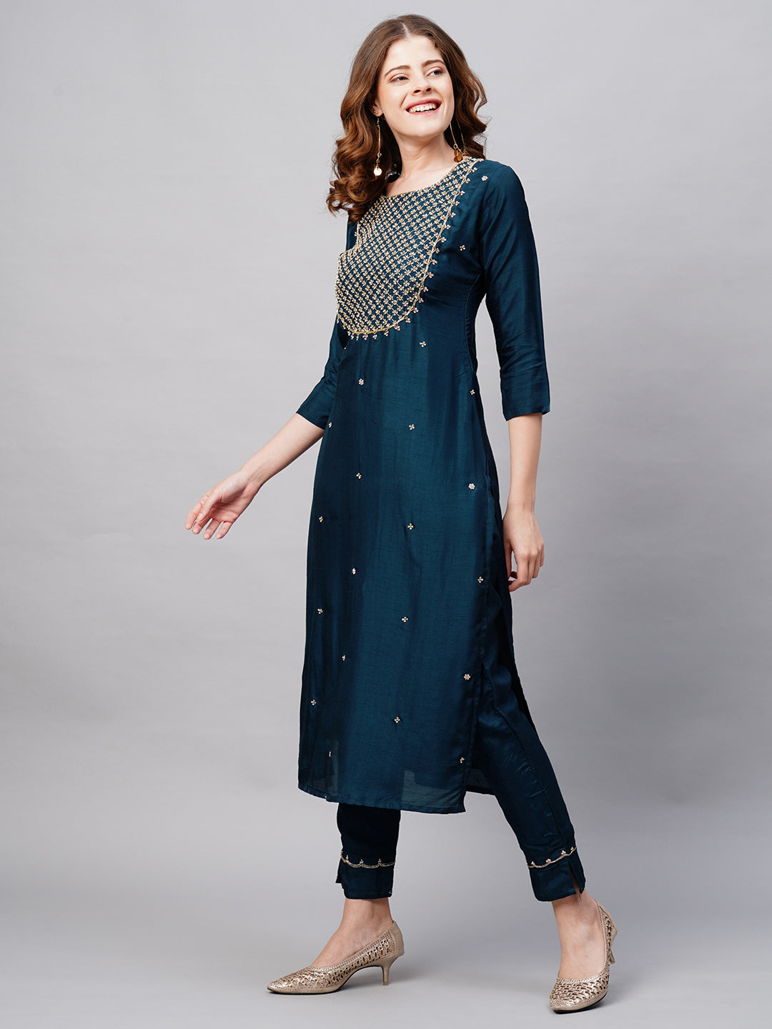 Floral Hand Embroidered Straight Kurta with Pants and Dupatta - Prussian Blue