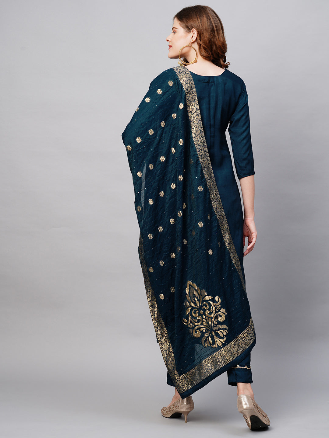 Floral Hand Embroidered Straight Kurta with Pants and Dupatta - Prussian Blue