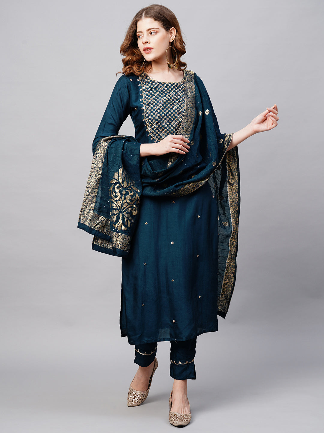 Floral Hand Embroidered Straight Kurta with Pants and Dupatta - Prussian Blue