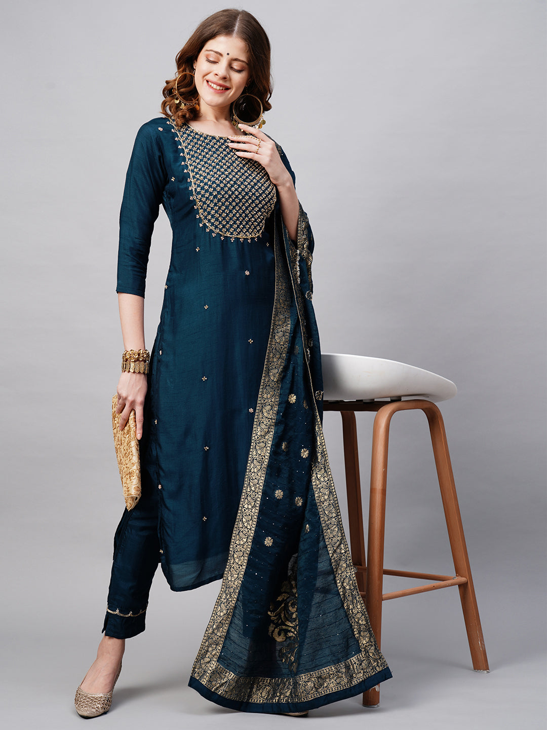 Floral Hand Embroidered Straight Kurta with Pants and Dupatta - Prussian Blue