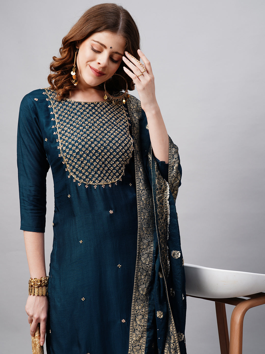 Floral Hand Embroidered Straight Kurta with Pants and Dupatta - Prussian Blue