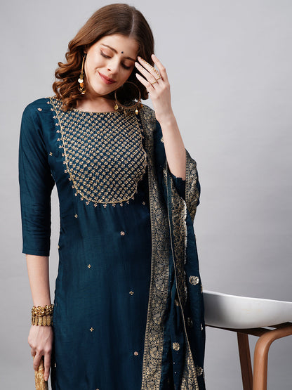 Floral Hand Embroidered Straight Kurta with Pants and Dupatta - Prussian Blue