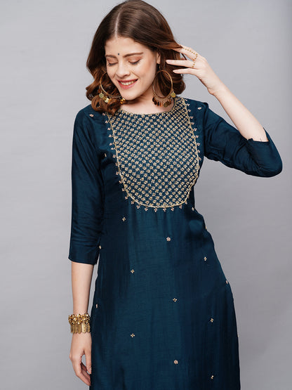 Floral Hand Embroidered Straight Kurta with Pants and Dupatta - Prussian Blue