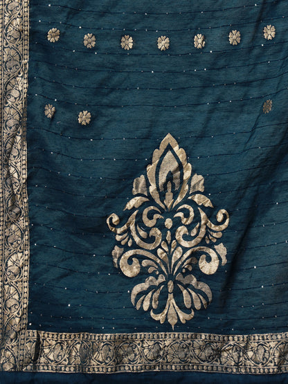 Floral Hand Embroidered Straight Kurta with Pants and Dupatta - Prussian Blue