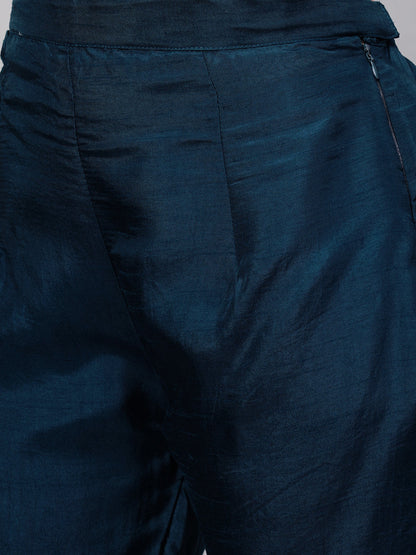 Floral Hand Embroidered Straight Kurta with Pants and Dupatta - Prussian Blue