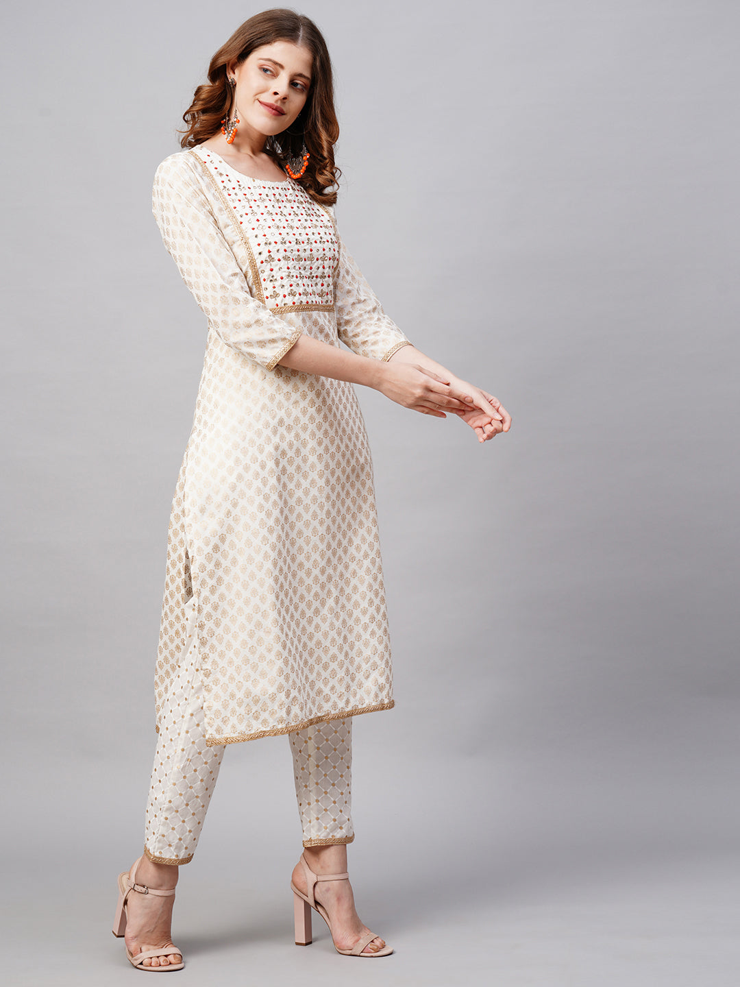 Ethnic Printed & Embroidered Kurta with Pants and Dupatta - Off White
