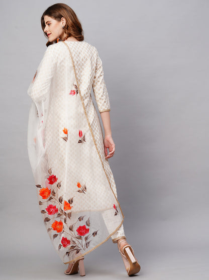 Ethnic Printed & Embroidered Kurta with Pants and Dupatta - Off White