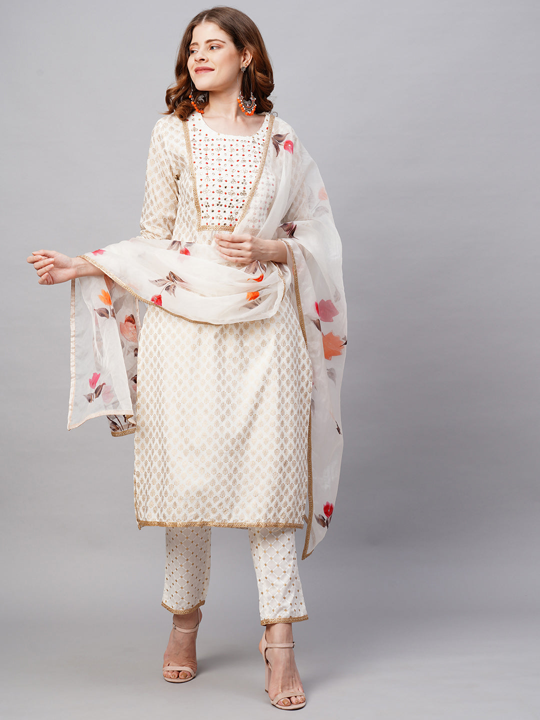 Ethnic Printed & Embroidered Kurta with Pants and Dupatta - Off White