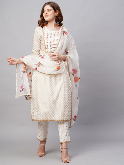 Ethnic Printed & Embroidered Kurta with Pants and Dupatta - Off White