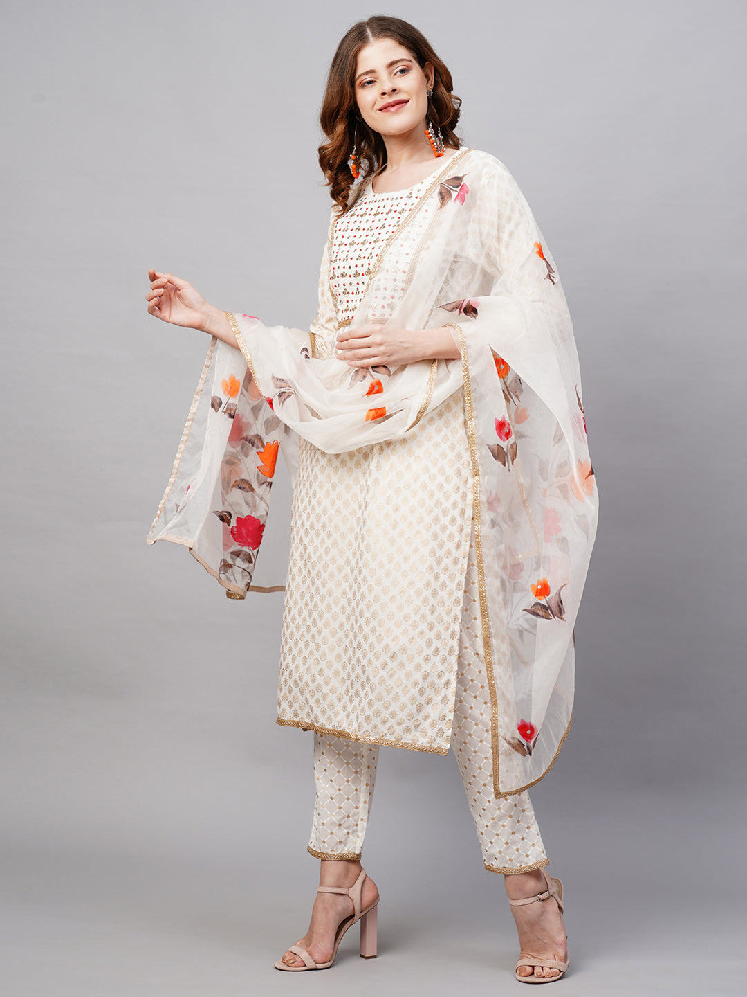 Ethnic Printed & Embroidered Kurta with Pants and Dupatta - Off White