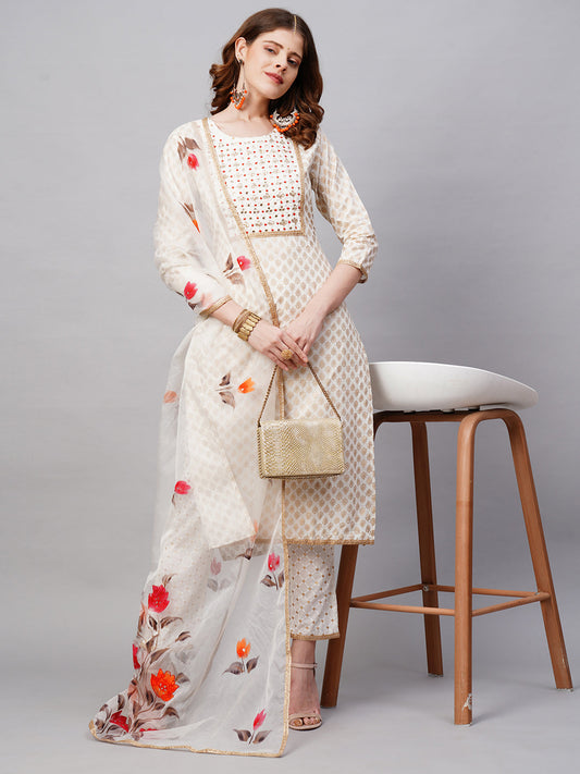 Ethnic Printed & Embroidered Kurta with Pants and Dupatta - Off White