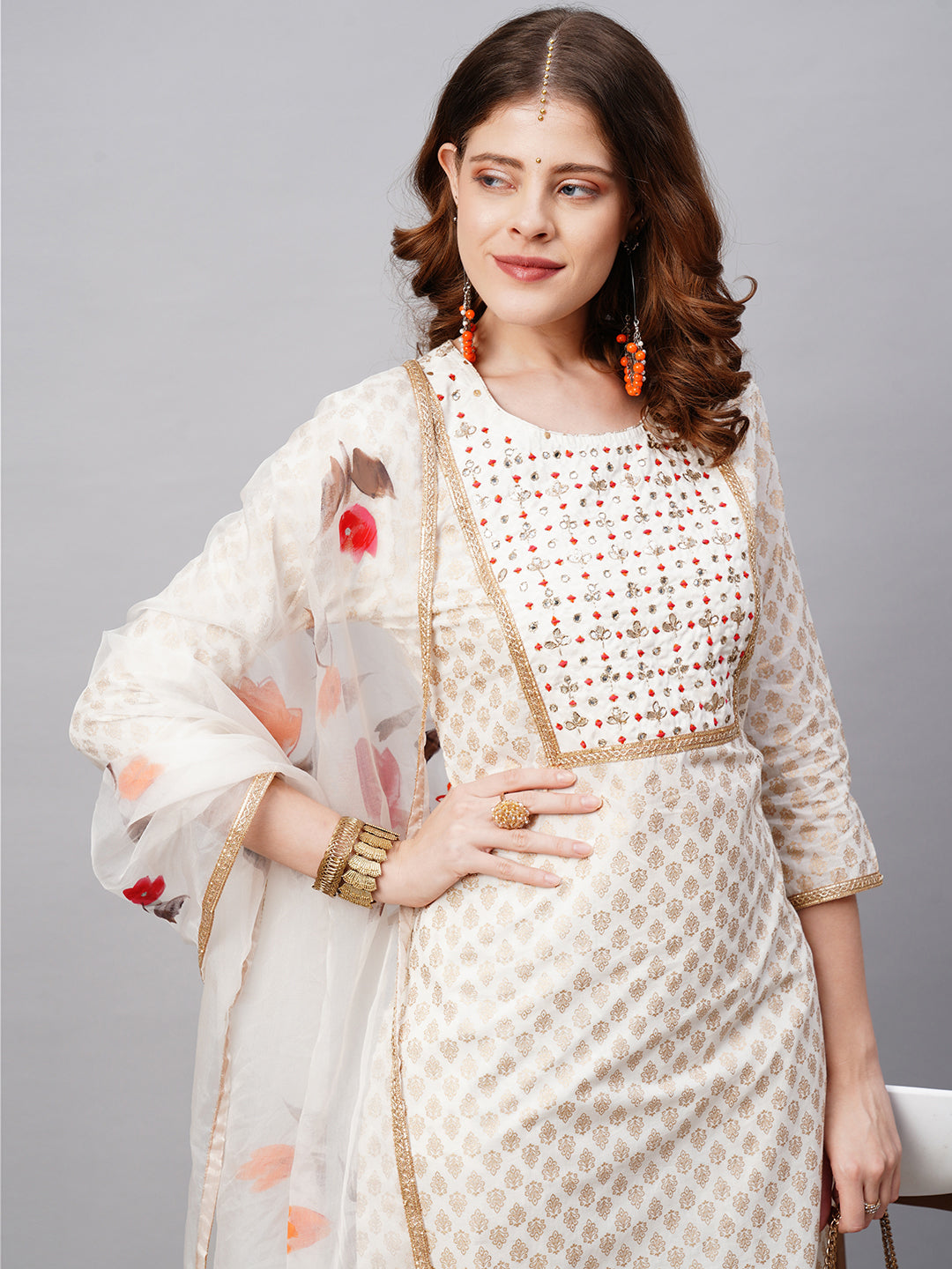 Ethnic Printed & Embroidered Kurta with Pants and Dupatta - Off White