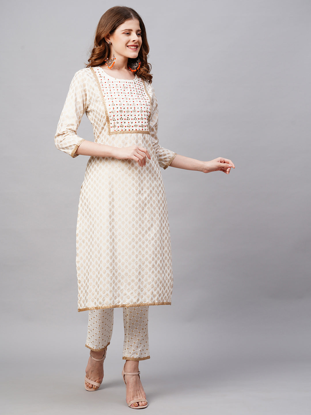 Ethnic Printed & Embroidered Kurta with Pants and Dupatta - Off White