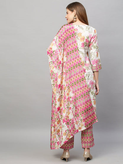 Floral Printed Straight Fit Kurta with Pants and Dupatta - White