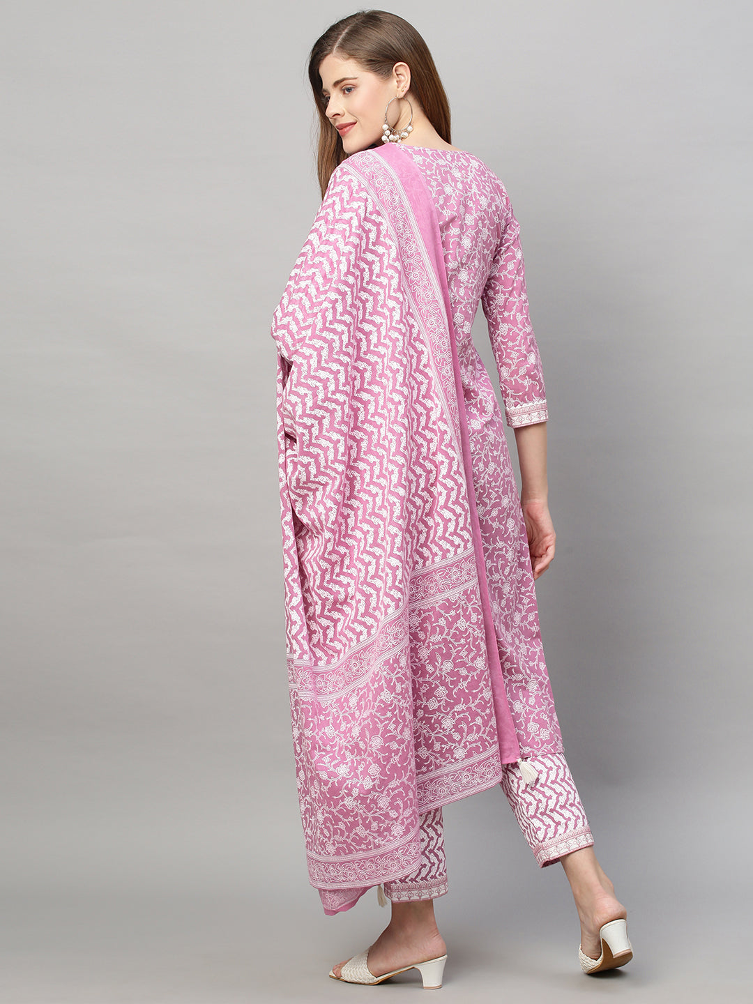 Floral Printed & Embroidered Kurta with Pants and Dupatta - Purple