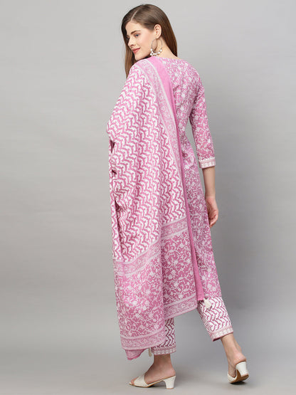 Floral Printed & Embroidered Kurta with Pants and Dupatta - Purple