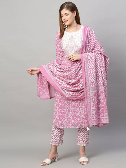 Floral Printed & Embroidered Kurta with Pants and Dupatta - Purple