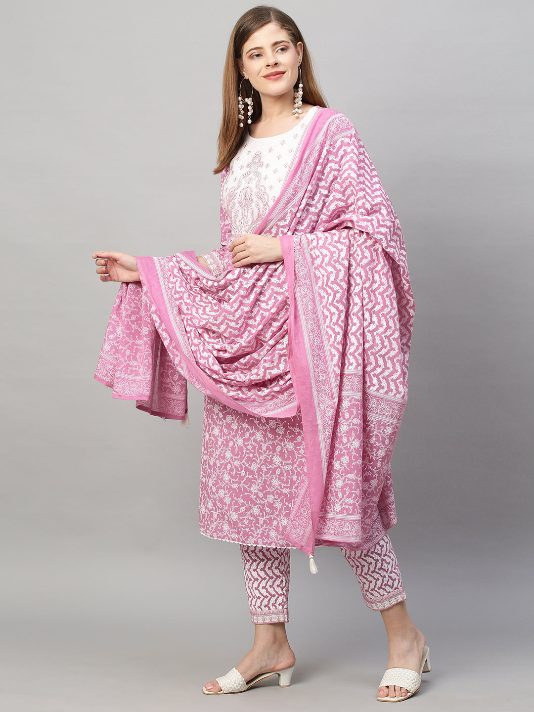 Floral Printed & Embroidered Kurta with Pants and Dupatta - Purple