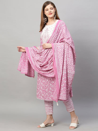 Floral Printed & Embroidered Kurta with Pants and Dupatta - Purple
