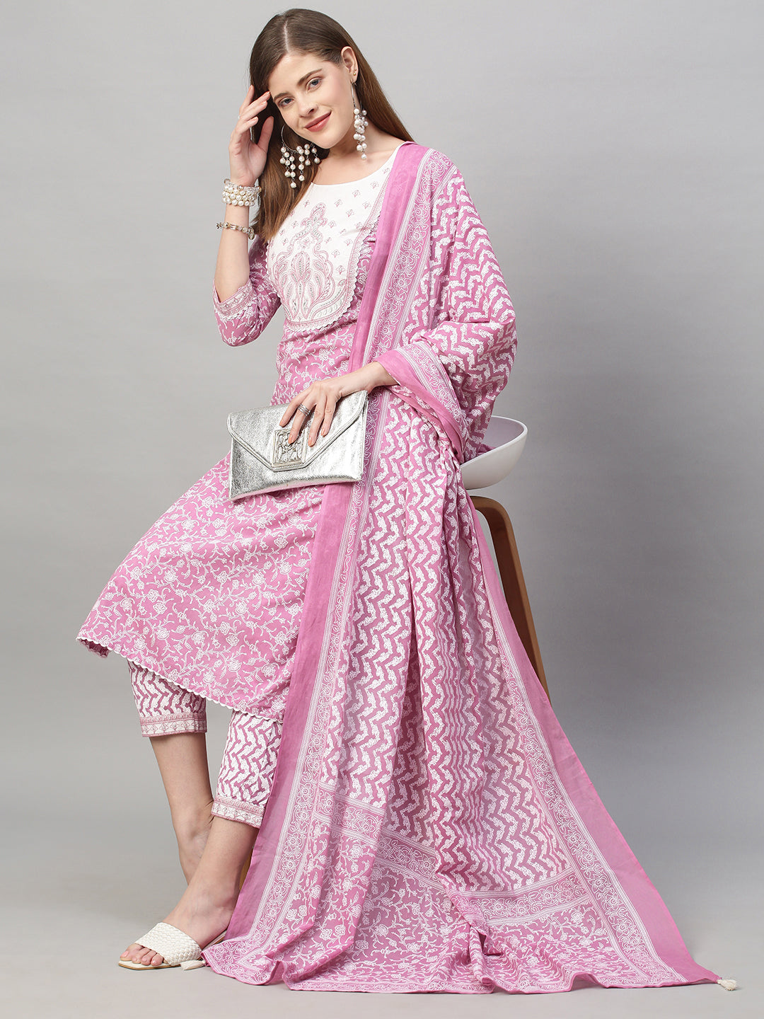 Floral Printed & Embroidered Kurta with Pants and Dupatta - Purple