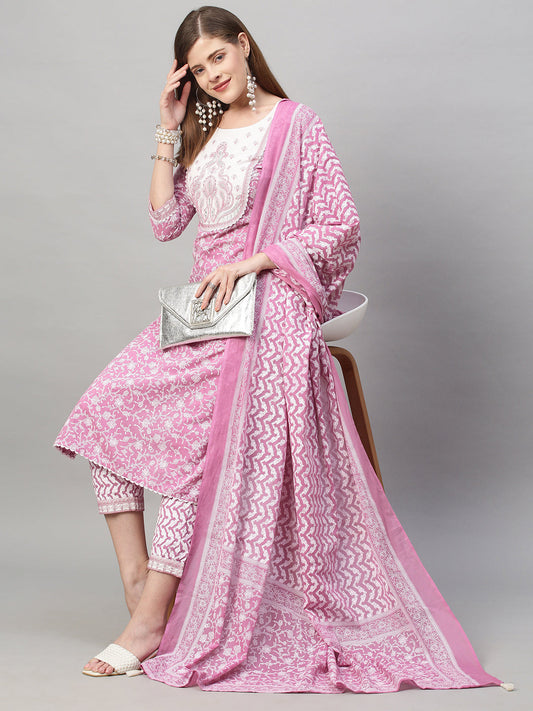 Floral Printed & Embroidered Kurta with Pants and Dupatta - Purple