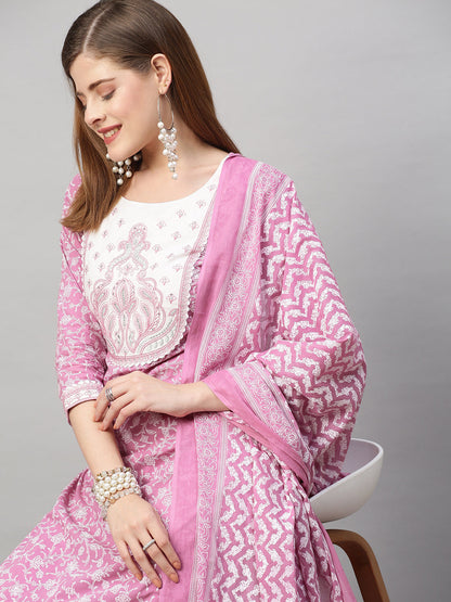 Floral Printed & Embroidered Kurta with Pants and Dupatta - Purple