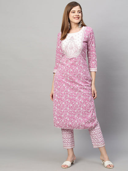 Floral Printed & Embroidered Kurta with Pants and Dupatta - Purple