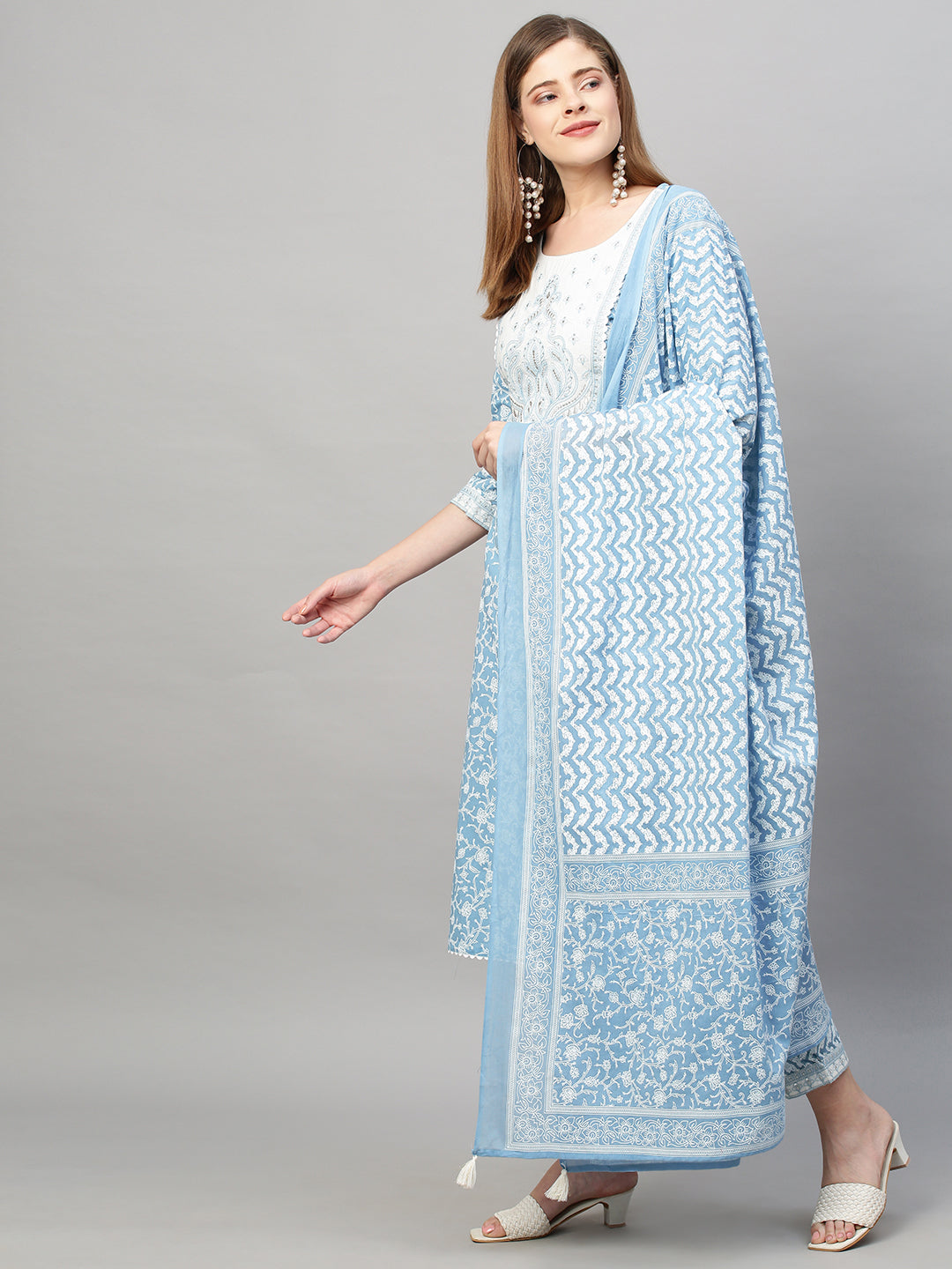 Floral Printed & Embroidered Kurta with Pants and Dupatta - Blue