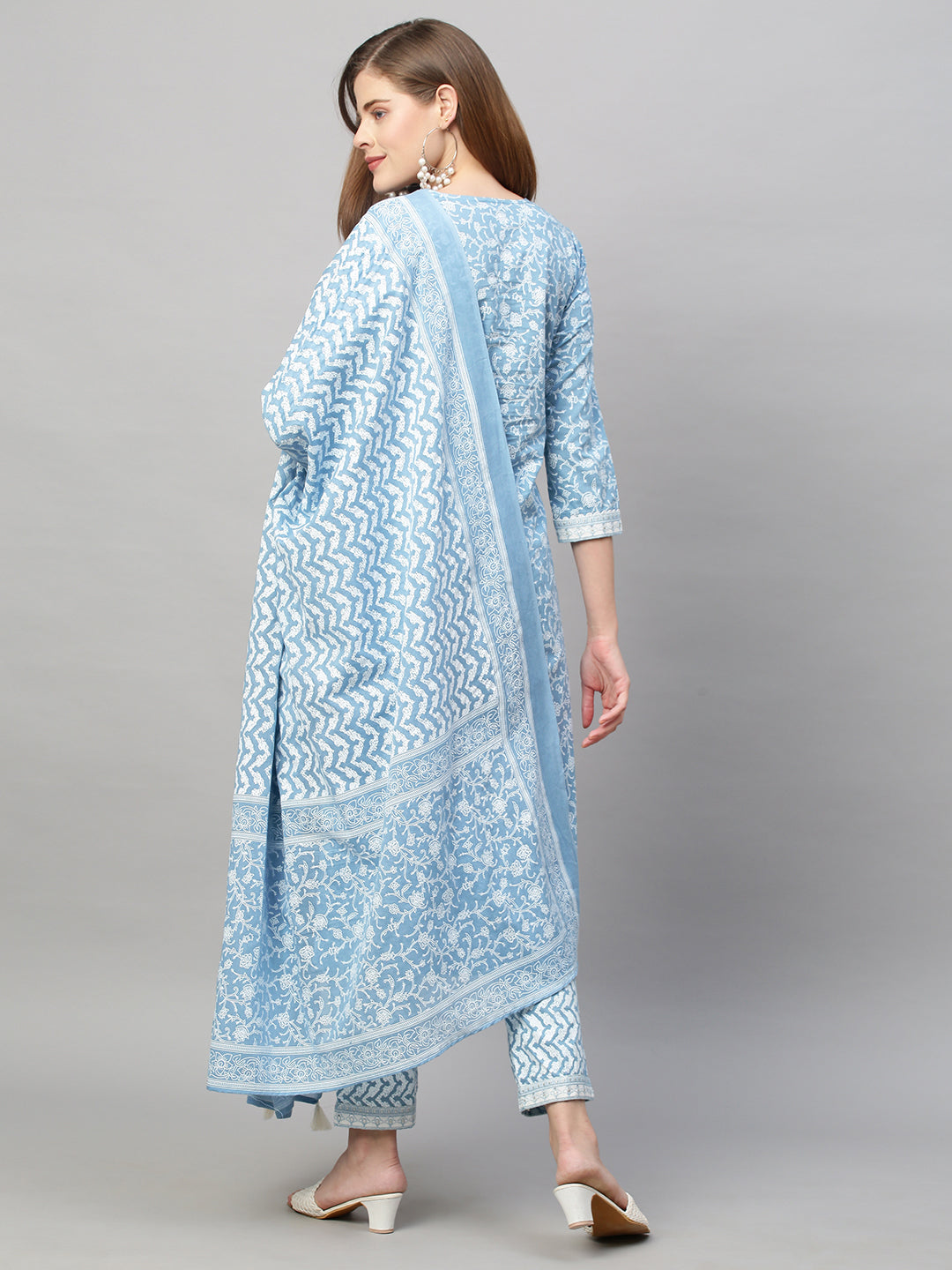 Floral Printed & Embroidered Kurta with Pants and Dupatta - Blue