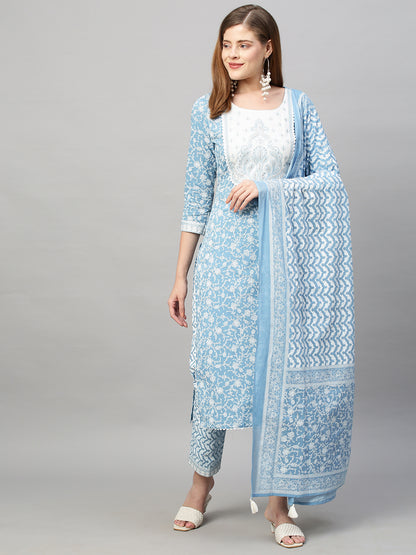 Floral Printed & Embroidered Kurta with Pants and Dupatta - Blue