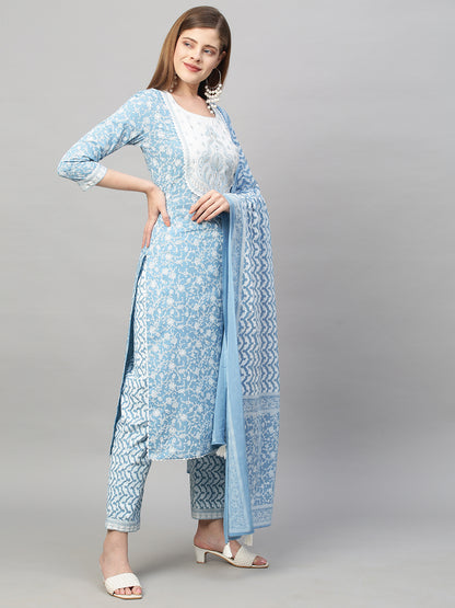 Floral Printed & Embroidered Kurta with Pants and Dupatta - Blue