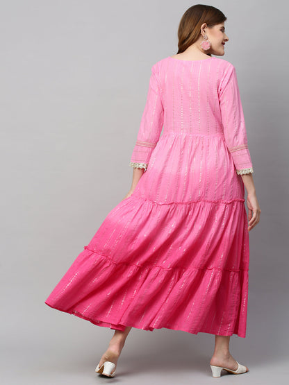 Hand Embroidered & Lurex Striped Tiered Flared Maxi Dress - Pink